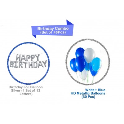 Happy Birthday Foil  Balloons Silver & 30 Metallic Blue & White Balloons (Pack of 43)