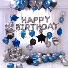 Happy Birthday Foil  Balloons Silver & 30 Metallic Blue & White Balloons (Pack of 43)