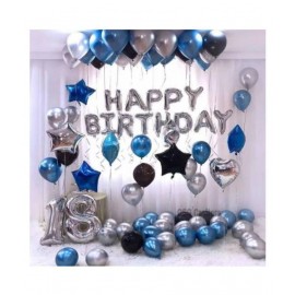 Happy Birthday Foil Balloons (Silver) & Pack of 30 Party Decorations Balloons (Blue, Black & Silver)