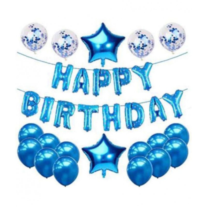 Happy Birthday Foil (Blue Dotted) + 30 Metallic Balloon(Blue) + 2 Star(Blue) + 4 Confetti Balloon(Blue)