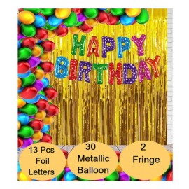 Happy Birthday Foil Letter Balloon ( Multi ) + 2pcs Golden Fringe Curtain + 30 Metallic Balloon