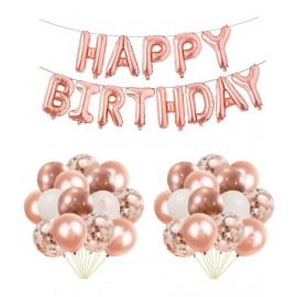 Happy Birthday Foil (RoseGold) + 5 Confetti Balloon (RoseGold) + 30 Metallic Balloon (RoseGold,White)