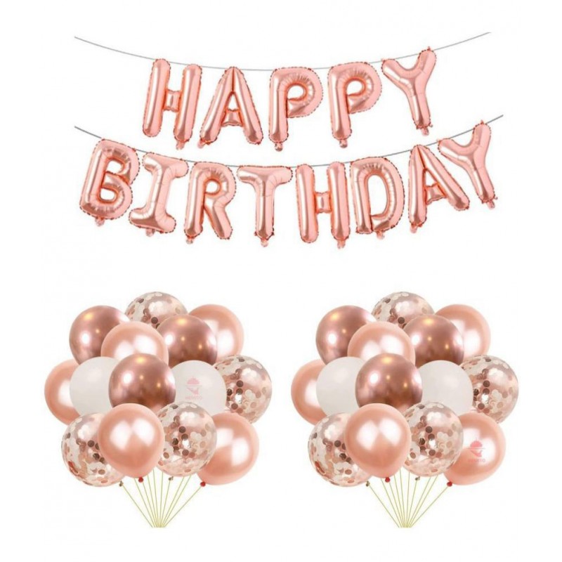 Happy Birthday Foil (RoseGold) + 5 Confetti Balloon (RoseGold) + 30 Metallic Balloon (RoseGold,White)