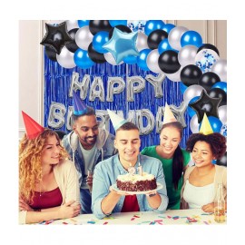 Happy Birthday Foil (Silver) + 30 Metallic Balloon (Black,Blue,Silver) + 2 Star (Black) + 1 Star (Blue) + 5 Confetti Balloon(Blue)