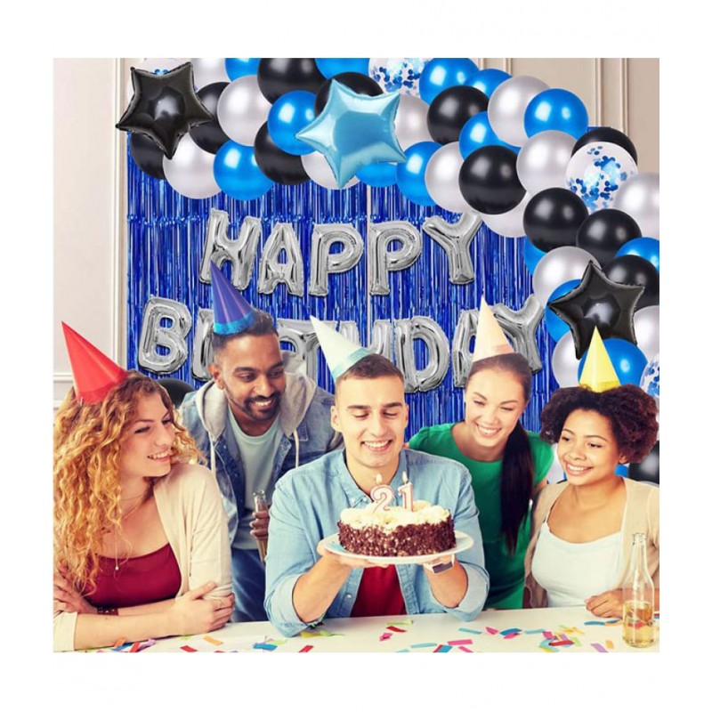 Happy Birthday Foil (Silver) + 30 Metallic Balloon (Black,Blue,Silver) + 2 Star (Black) + 1 Star (Blue) + 5 Confetti Balloon(Blue)