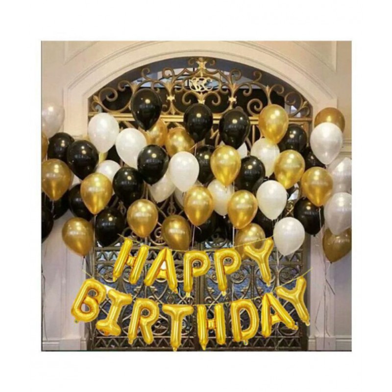 Happy Birthday Golden Letter Foil Balloons Banner 16 inch (13 Pcs) + 50 pcs Metallic Balloons 12 inch (Gold, Silver, Black)