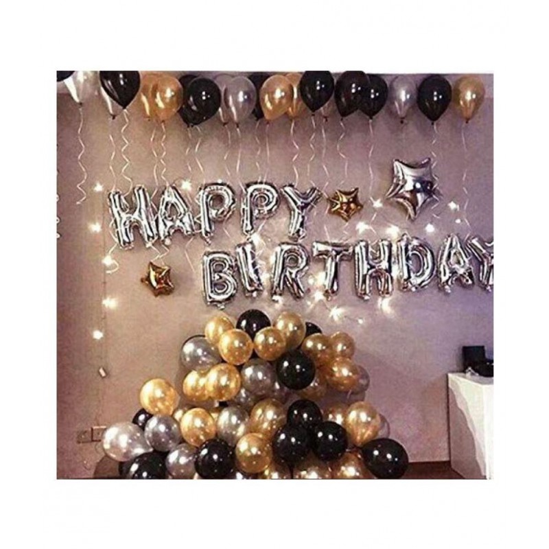 Happy Birthday Letter Foil Balloon 16 inch Set of (Silver) + Pack of 30 Metallic Balloons 12 inch (Black, Gold and Silver)