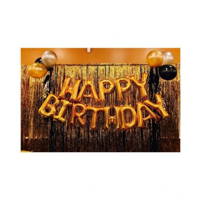 Happy Birthday Letter Foil Balloon Set of Gold + 2Pcs Gold Fringe Curtain (3 X 6 Feet) + Pack of 30 pcs Metallic Balloons (Black, Gold and Silver)