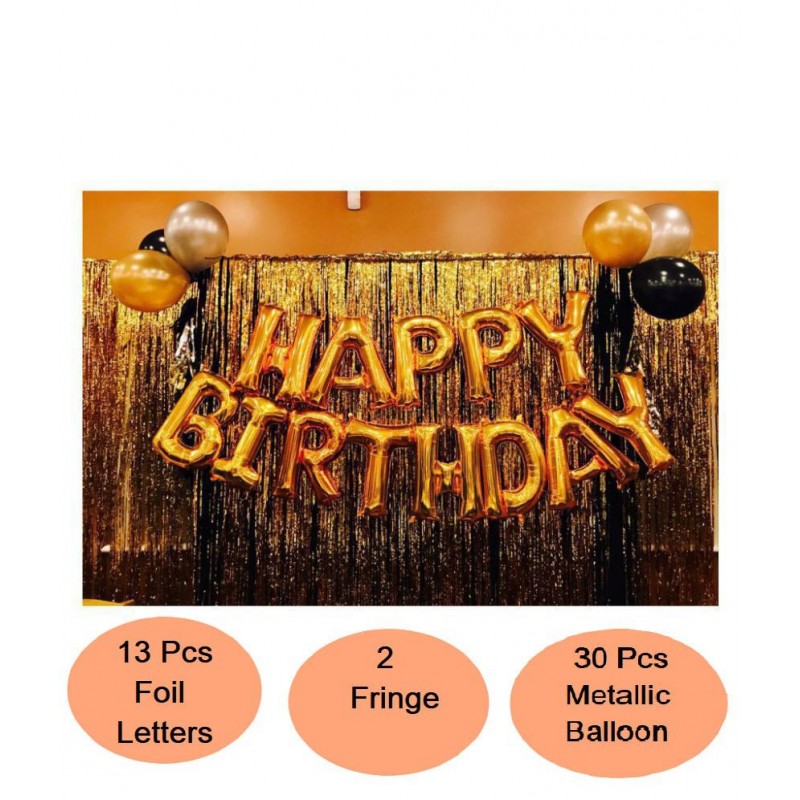 Happy Birthday Letter Foil Balloon Set of Gold + 2Pcs Gold Fringe Curtain (3 X 6 Feet) + Pack of 30 pcs Metallic Balloons (Black, Gold and Silver)
