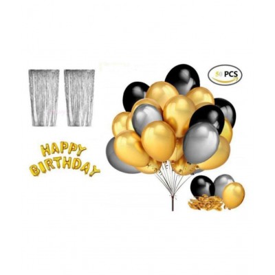 Happy Birthday Letter Foil Balloon Set of Gold + 2Pcs Silver Fringe Curtain (3 X 6 Feet) + Pack of 30 pcs Metallic Balloons (Black, Gold , Silver)