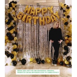 Happy Birthday Letter Foil Balloon Set of Gold + 2Pcs Silver Fringe Curtain (3 X 6 Feet) + Pack of 30 pcs Metallic Balloons (Black, Gold , Silver)
