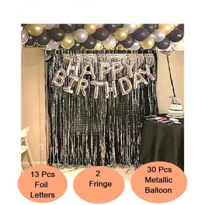 Happy Birthday Letter Foil Balloon Set of Silver + 2Pcs Silver Fringe Curtain (3 X 6 Feet) + Pack of 30 pcs Metallic Balloons (Black, Gold and Silver)