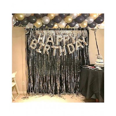 Happy Birthday Letter Foil Balloon Set of Silver + 2Pcs Silver Fringe Curtain (3 X 6 Feet) + Pack of 30 pcs Metallic Balloons (Black, Gold and Silver)