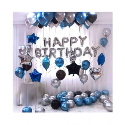 Happy Birthday Letter Foil Balloon Set of Silver + Pack of 30 HD Metallic Balloons (Black, Blue and Silver) for Birthday Decoration