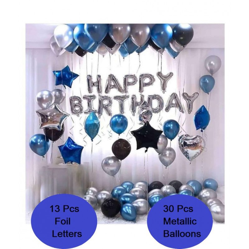 Happy Birthday Letter Foil Balloon Set of Silver + Pack of 30 HD Metallic Balloons (Black, Blue and Silver) for Birthday Decoration