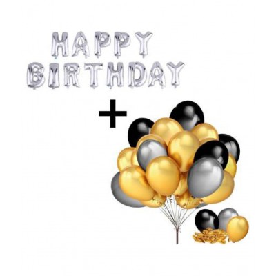 Happy Birthday Letter Foil Balloon Set of (Silver) + Pack of 50 Metallic Balloons (Black, Gold and Silver)