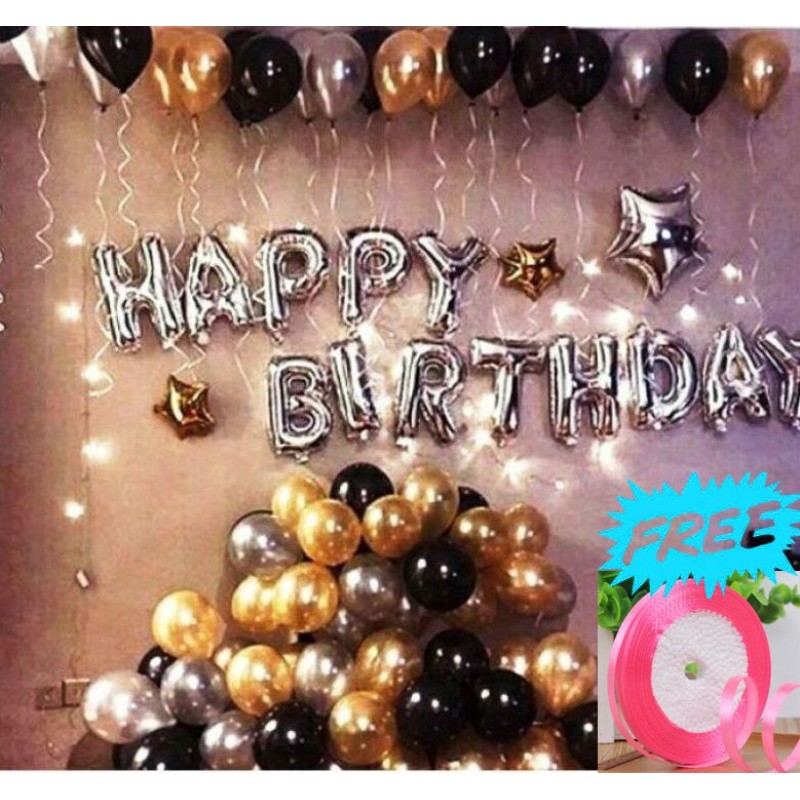 Happy Birthday Letter Foil Balloon Set of (Silver) + Pack of 50 Metallic Balloons (Black, Gold and Silver)