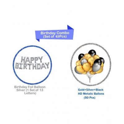 Happy Birthday Letter Foil Balloon Set of Silver + Pack of 51 HD Metallic Balloons (Gold, Black and Silver)