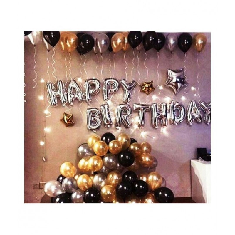 Happy Birthday Letter Foil Balloon Set of (Silver)+HD Metallic Balloons (Black, Gold and Silver) Pack of 30.