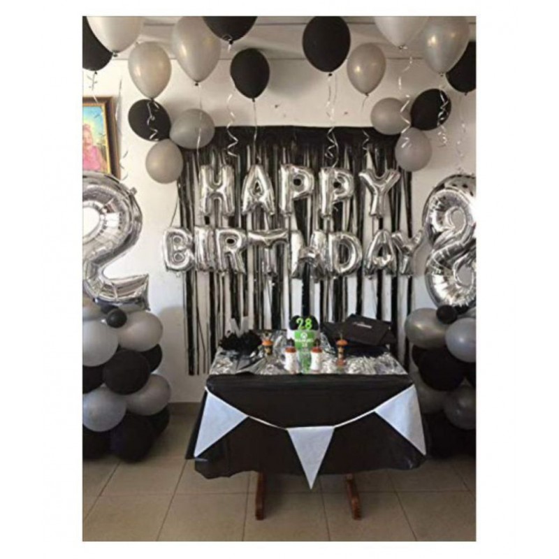 Happy Birthday Letter Foil Balloon Set of (Silver)+HD Metallic Balloons (Black and Silver) Pack of 30pcs for Bithday Party Decoration