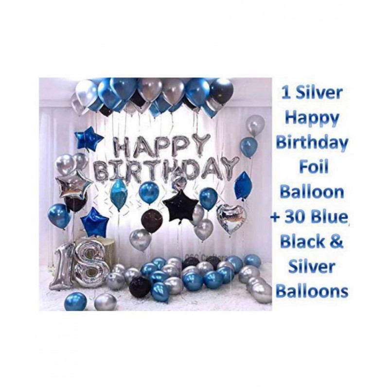 Happy Birthday Letters Toy Foil Balloon (13 Pieces) +30 Metallic Balloons (Blue, Silver &Black)