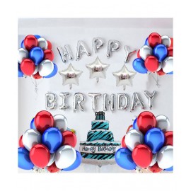 Happy Birthday Silver Foil (16 Inch)+ 50 pcs Metallic Balloons (Red, Blue)(12 Inchs)+ 3 Star(10 inchs)+ 1 Cake Foil Balloon(2.5 Feet) for happy birthday decoration item, birthday balloon decoration combo for Boys, Girls, Kids, husband and Wife..