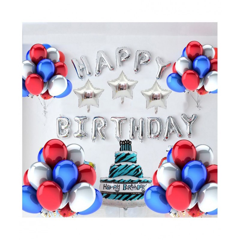 Happy Birthday Silver Foil (16 Inch)+ 50 pcs Metallic Balloons (Red, Blue)(12 Inchs)+ 3 Star(10 inchs)+ 1 Cake Foil Balloon(2.5 Feet) for happy birthday decoration item, birthday balloon decoration combo for Boys, Girls, Kids, husband and Wife..
