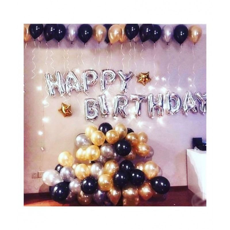 Happy Birthday Silver Foil Balloons+ 2 Star Foil+ 30 pcs Balloons