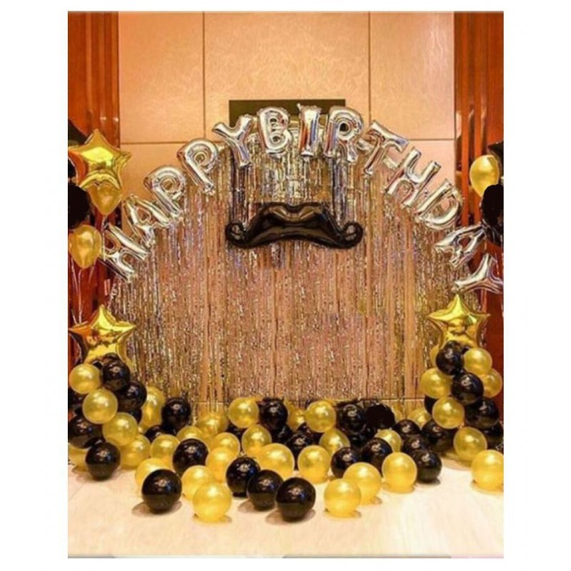 Happy Birthday Silver Letter Balloon+ 2Pcs Silver Fringe Curtain (3 X 6 Feet)+ 30 pcs Metallic Balloons