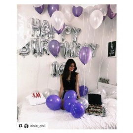 Happy Birthday Silver Letter Foil Balloons  + HD Metallic Balloons (Purple and Silver) Pack of 30 + Free 1pc Ribbon