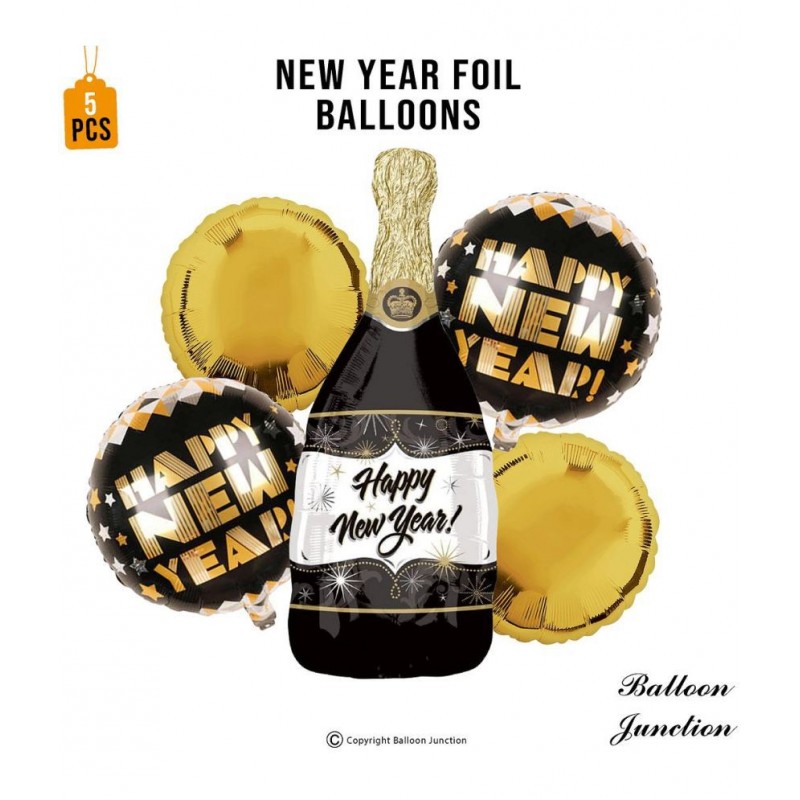Happy New Year Decoration Foil Balloons Set - Black Bottle Shape - 5 pcs