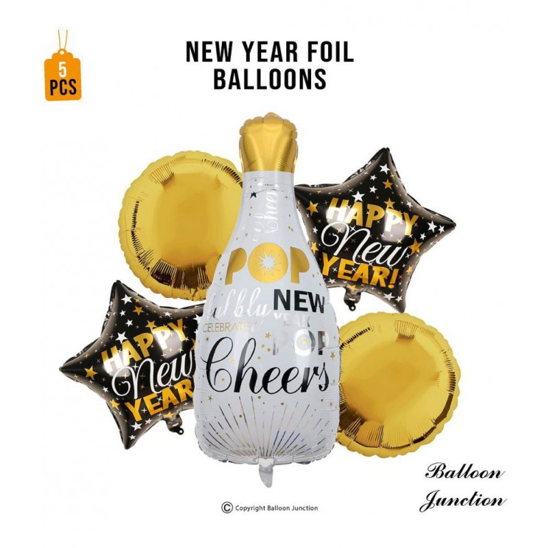 Happy New Year Decoration Foil Balloons Set - Pop Bottle Shape - 5 pcs