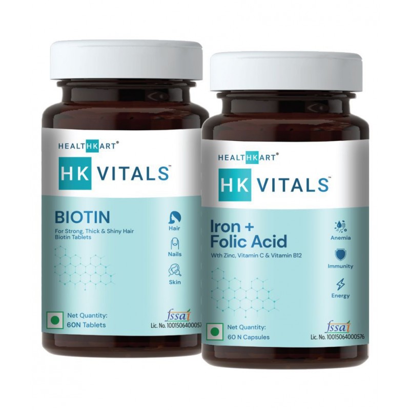 HealthKart HK Vitals Biotin 60 tablets + Iron Folic,Unflavoured (Pack of 2)