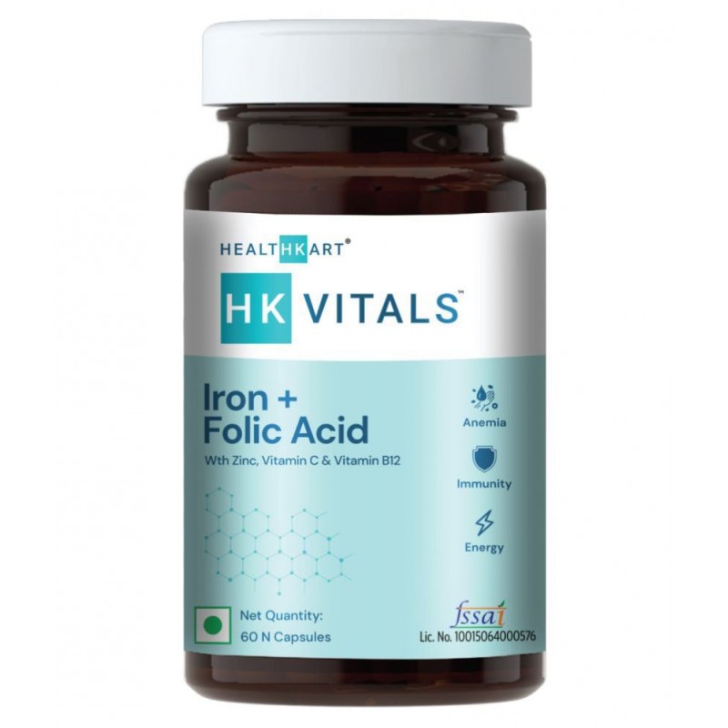 HealthKart HK Vitals Iron + Folic Acid Supplement, with Zinc, Vitamin C & B12, Supports Blood Building & Immunity, 60 Tablets