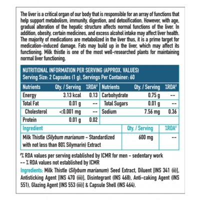 HealthKart HK Vitals Milk Thistle Extract, Liver Support Supplement, for Liver Detox & Good Liver Health, 120 Capsules
