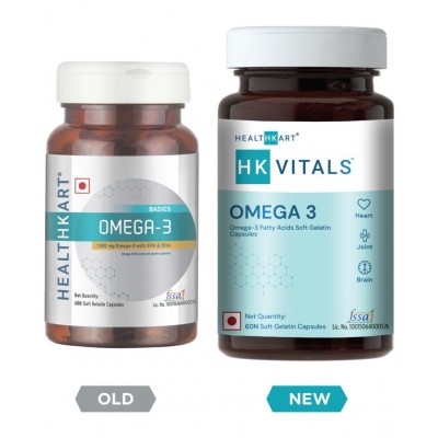 HealthKart HK-Vitals Omega 3 1000mg (with 180mg EPA and 120mg DHA) Fish Oil Supplement-60 Softgels