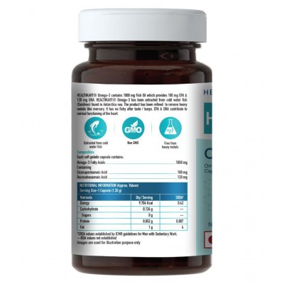 HealthKart HK-Vitals Omega 3 1000mg (with 180mg EPA and 120mg DHA) Fish Oil Supplement-60 Softgels