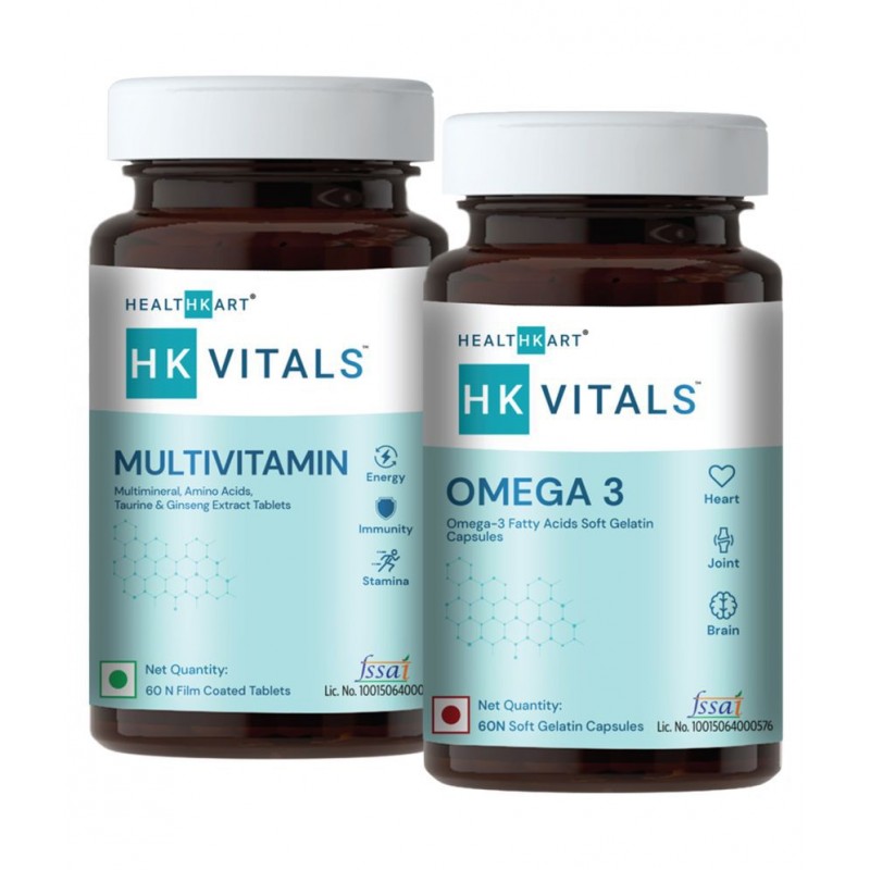 HealthKart HK Vitals Omega 3 Supplement and Multivitamin Combo, For Men and Women, 60 Omega 3 Capsules + 60 Multivitamin Tablets