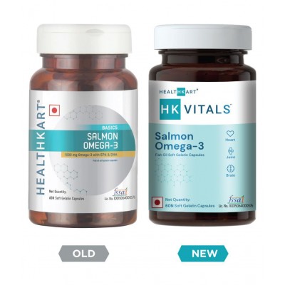 HealthKart HK Vitals Salmon Omega 3, 1000 mg Omega 3 Fish Oil (180 mg EPA & 120 mg DHA), For Joints Health, 60 Omega 3 Capsules