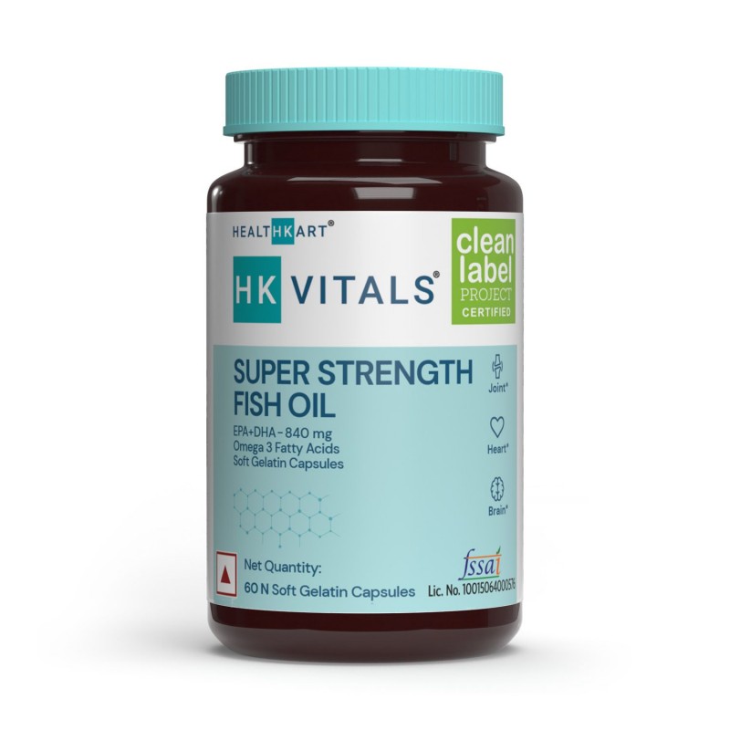 HealthKart HK Vitals Super Strength Fish Oil Supplement for Men and Women, 84% Purity, 460mg EPA and 380mg DHA, for Healthy Heart, Eyes & Joints, 60 Softgel Capsules