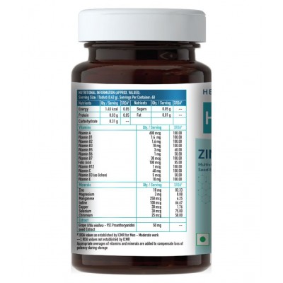 HealthKart HK Vitals Zinc Supplement with Vitamin C & D3, Multivitamin and Multimineral, Immunity Boosters For Adults, 60 Tablets