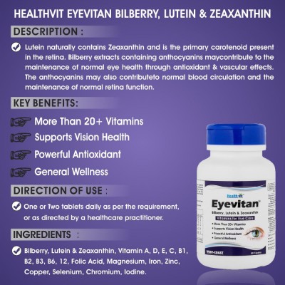 HealthVit Eyevitan Bilberry , Lutein & Zeaxanthin 60 no.s Vitamins Tablets