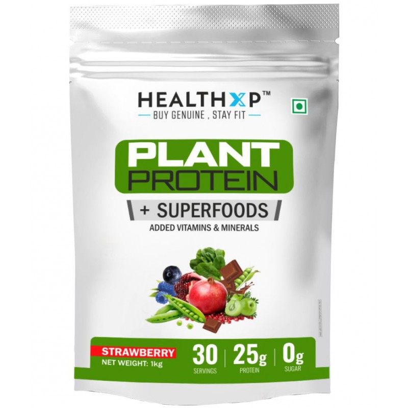 HealthXP -  Plant Protein + Superfood  Whey Protein Powder ( 1 kg , Strawberry - Flavour )