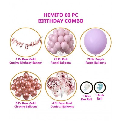 Hemito Birthday Decoration Kit 60 pc – Pink Purple Pastel Balloons Combo with Birthday Banner, Arc, Glue Dot for girls Kids Baby Birthday Decoration Items | Birthday Decoration Combo Hemito Birthday Decoration Kit 60 pc – Pink Purple Pastel Balloons Combo with Birthday Banner, Arc, Glue Dot for girls Kids Baby Birthday Decoration Items | Birthday Decoration Combo