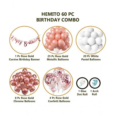 Hemito Birthday Decoration Kit 60 pc – Rose Gold and White Metallic Balloons Combo with Birthday Banner, Arc, Glue Dot for girls Kids Baby Birthday Decoration Items | Birthday Decoration Combo