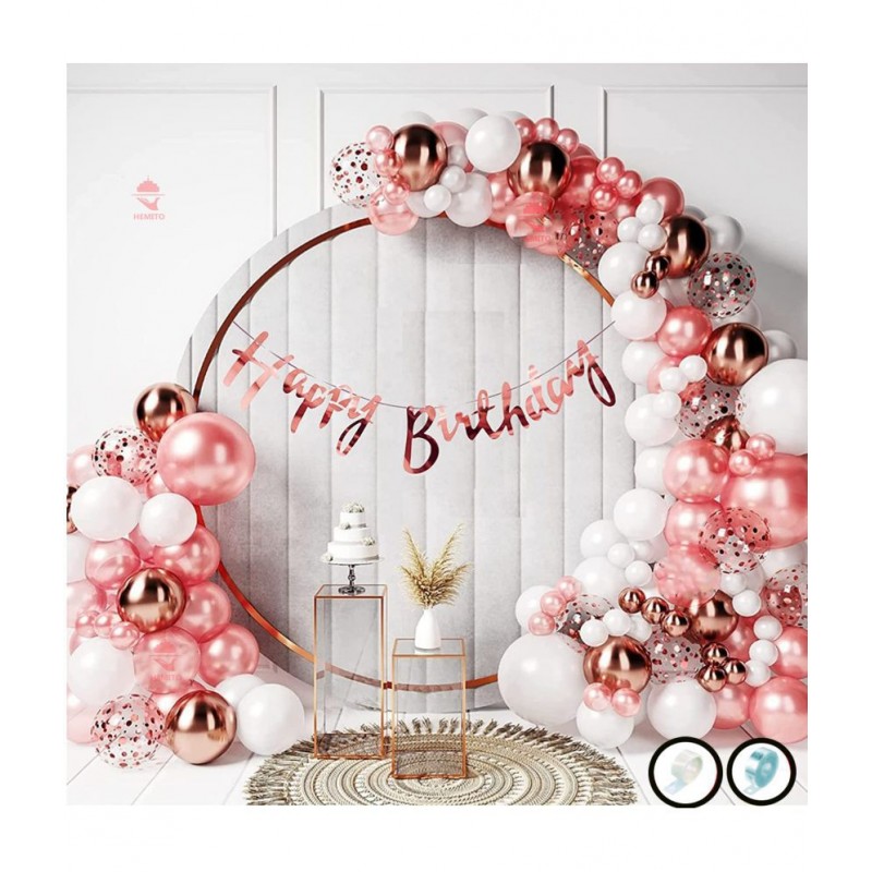 Hemito Birthday Decoration Kit 60 pc – Rose Gold and White Metallic Balloons Combo with Birthday Banner, Arc, Glue Dot for girls Kids Baby Birthday Decoration Items | Birthday Decoration Combo