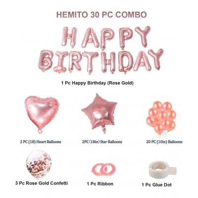 Hemito Happy Birthday Decoration Kit 30 Pc Combo with Rose Gold Birthday Banner 4 Pc Heart and Star Foil Balloon, 3 Pc Rose Gold Confetti Balloons with Balloons Glue Dot for Boys Girls Birthday Decoration Kit (Rose Gold)