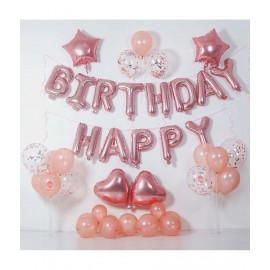 Hemito Happy Birthday Decoration Kit 30 Pc Combo with Rose Gold Birthday Banner 4 Pc Heart and Star Foil Balloon, 3 Pc Rose Gold Confetti Balloons with Balloons Glue Dot for Boys Girls Birthday Decoration Kit (Rose Gold)
