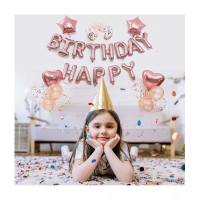 Hemito Happy Birthday Decoration Kit 30 Pc Combo with Rose Gold Birthday Banner 4 Pc Heart and Star Foil Balloon, 3 Pc Rose Gold Confetti Balloons with Balloons Glue Dot for Boys Girls Birthday Decoration Kit (Rose Gold)