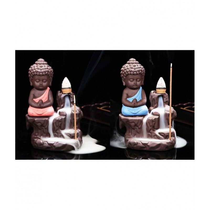 Home Artists Multicolour Polyresin Monk Buddha Smoke Backflow - Pack of 2